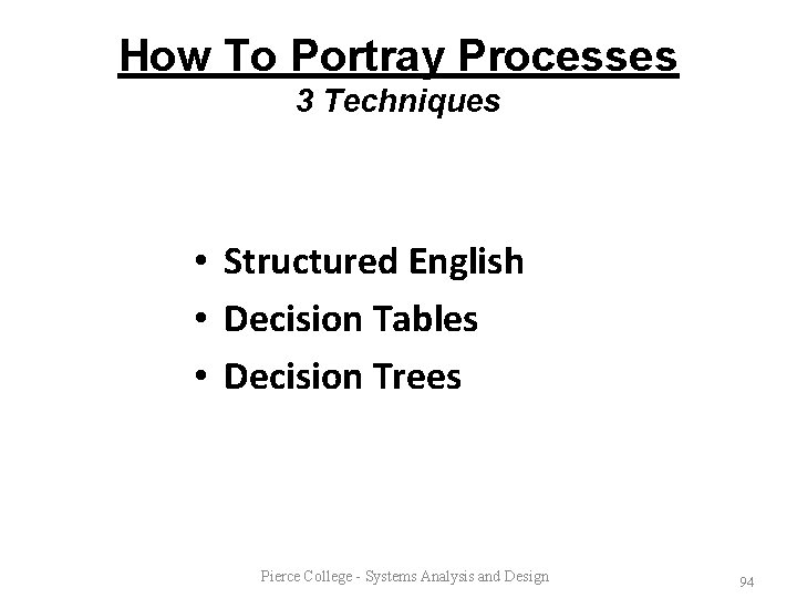 How To Portray Processes 3 Techniques • Structured English • Decision Tables • Decision