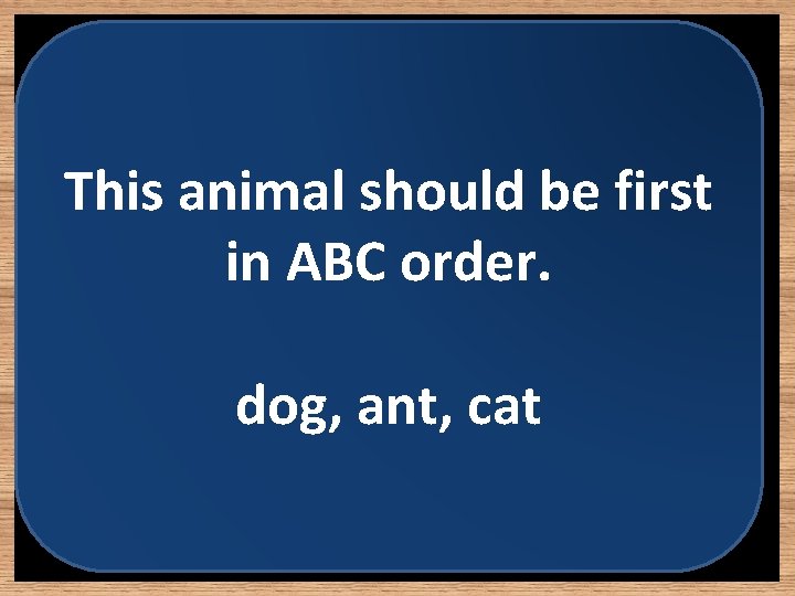 This animal should be first in ABC order. dog, ant, cat 
