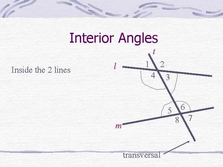 Interior Angles t Inside the 2 lines l 1 2 4 3 5 m