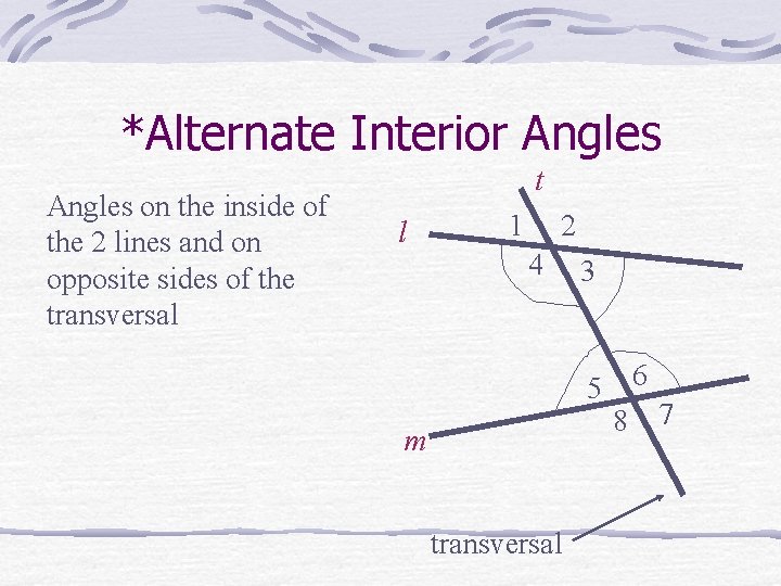 *Alternate Interior Angles on the inside of the 2 lines and on opposite sides