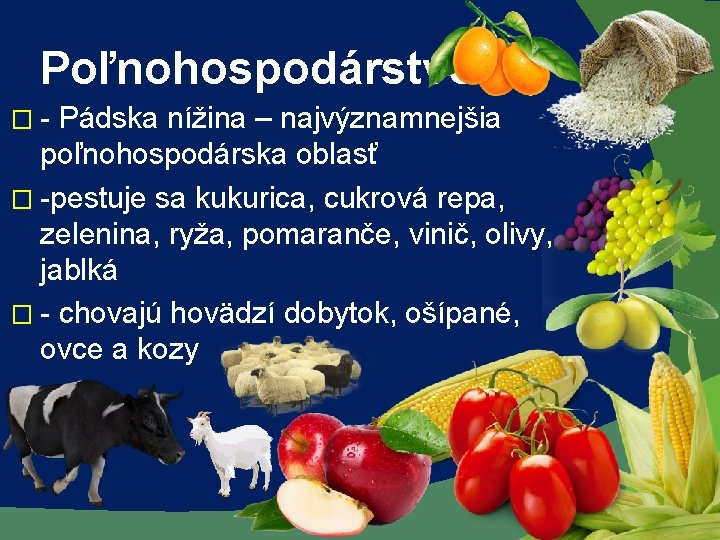 Poľnohospodárstvo �- Pádska nížina – najvýznamnejšia poľnohospodárska oblasť � -pestuje sa kukurica, cukrová repa,