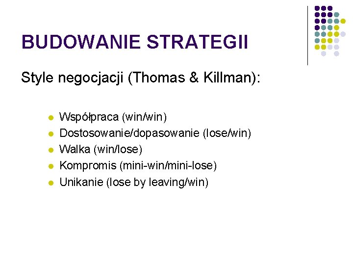 BUDOWANIE STRATEGII Style negocjacji (Thomas & Killman): l l l Współpraca (win/win) Dostosowanie/dopasowanie (lose/win)