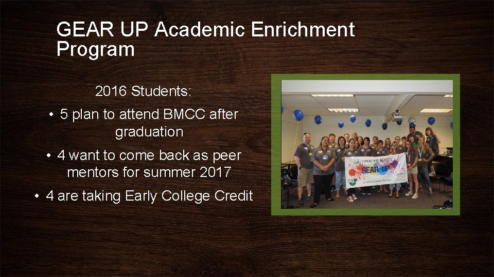 GEAR UP Academic Enrichment Program 2016 Students: • 5 plan to attend BMCC after