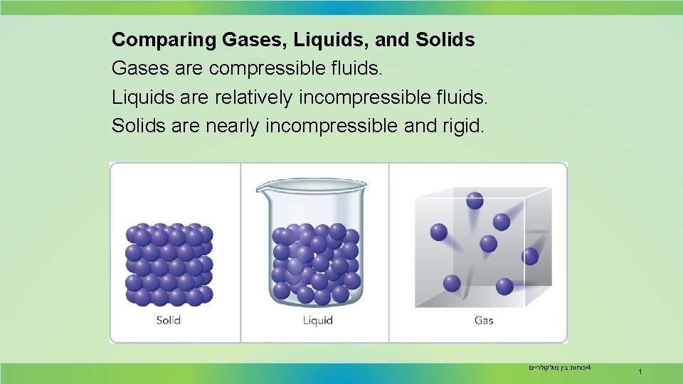 Comparing Gases, Liquids, and Solids Gases are compressible fluids. Liquids are relatively incompressible fluids.