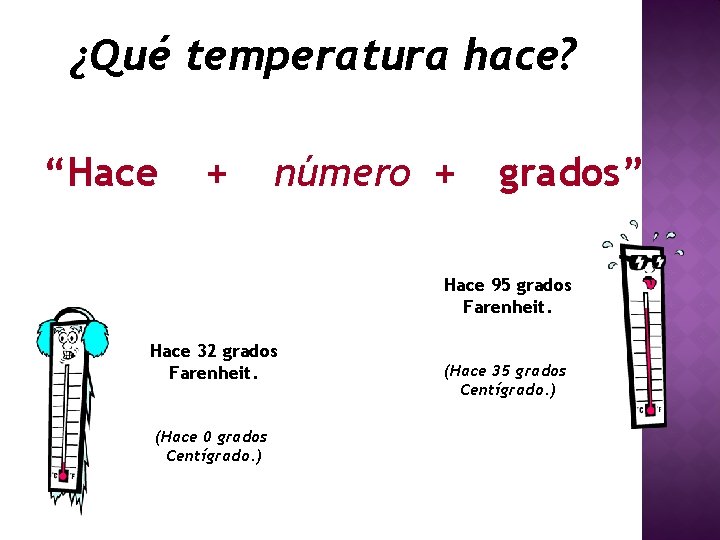 ¿Qué temperatura hace? “Hace + número + grados” Hace 95 grados Farenheit. Hace 32