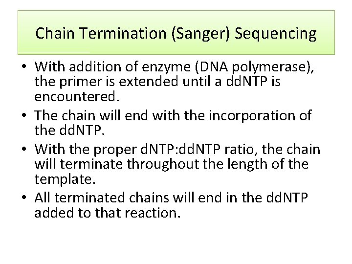 Chain Termination (Sanger) Sequencing • With addition of enzyme (DNA polymerase), the primer is