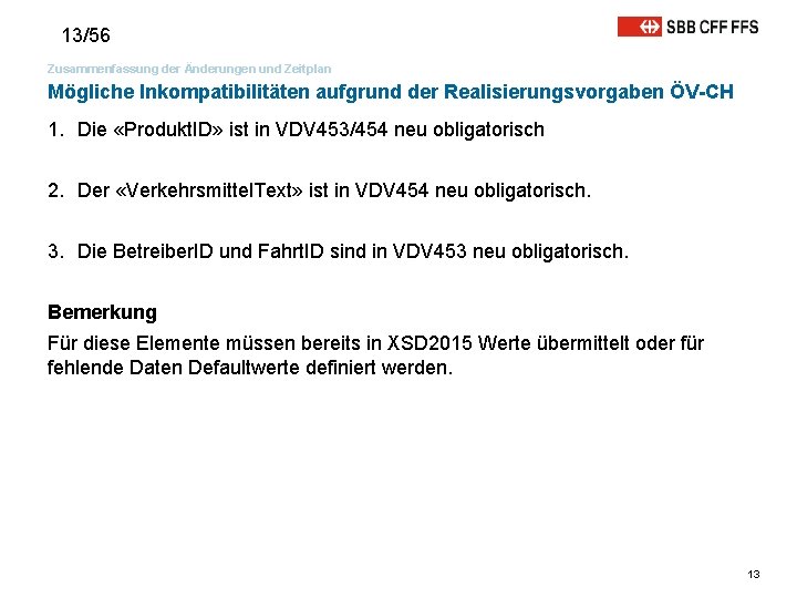 13/56 Zusammenfassung der Änderungen und Zeitplan Mögliche Inkompatibilitäten aufgrund der Realisierungsvorgaben ÖV-CH 1. Die