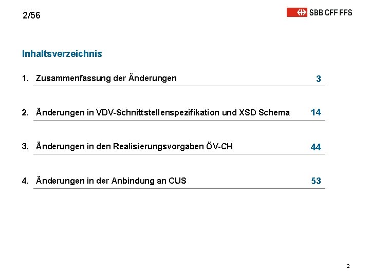 2/56 Inhaltsverzeichnis 1. Zusammenfassung der Änderungen 3 2. Änderungen in VDV-Schnittstellenspezifikation und XSD Schema