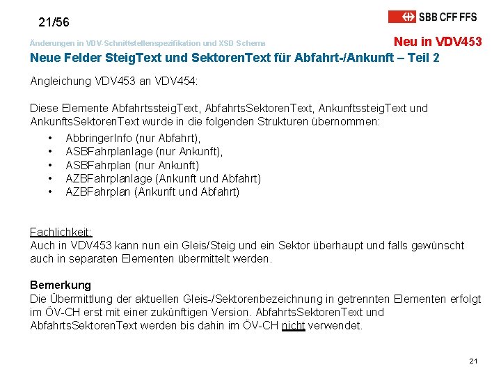 21/56 Neu in VDV 453 Neue Felder Steig. Text und Sektoren. Text für Abfahrt-/Ankunft