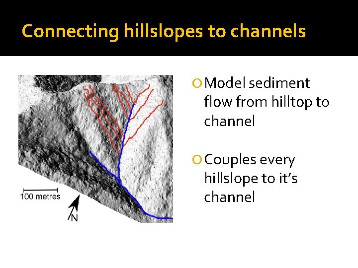 Connecting hillslopes to channels Model sediment flow from hilltop to channel Couples every hillslope