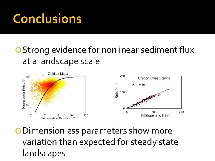 Conclusions Strong evidence for nonlinear sediment flux at a landscape scale Dimensionless parameters show