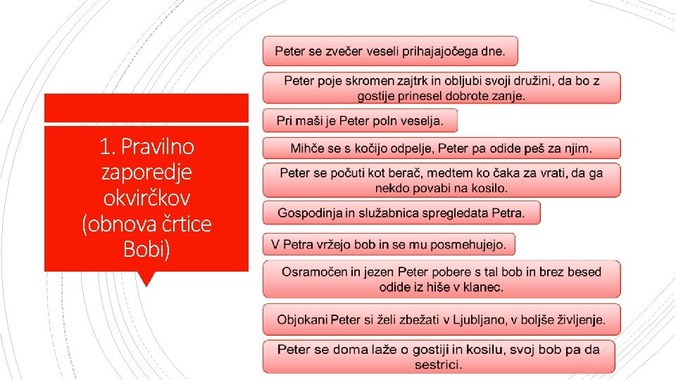 1. Pravilno zaporedje okvirčkov (obnova črtice Bobi) 