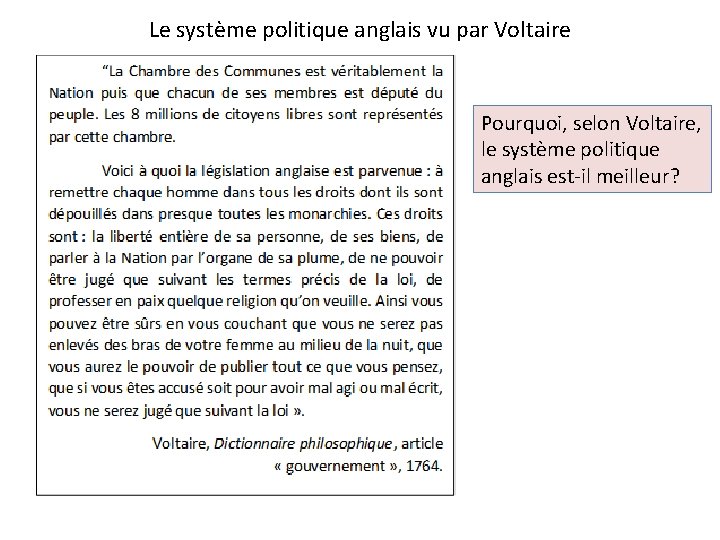 Le système politique anglais vu par Voltaire Pourquoi, selon Voltaire, le système politique anglais