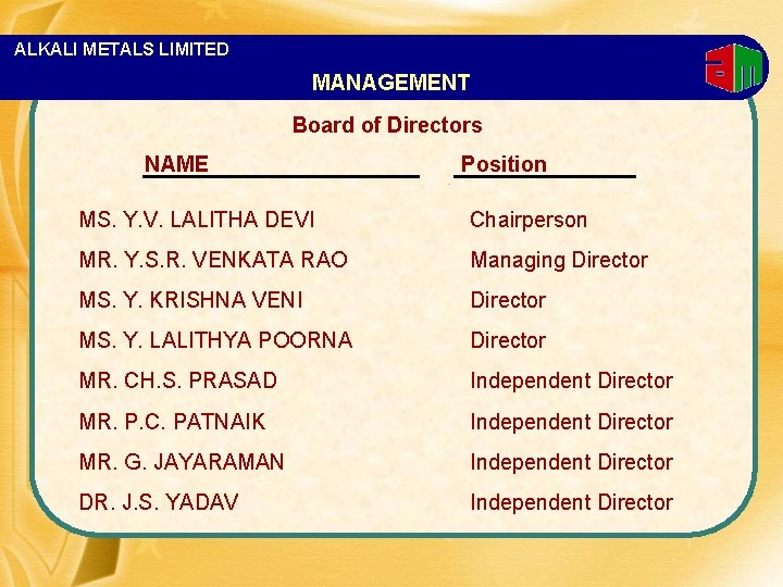 ALKALI METALS LIMITED MANAGEMENT Board of Directors NAME Position MS. Y. V. LALITHA DEVI