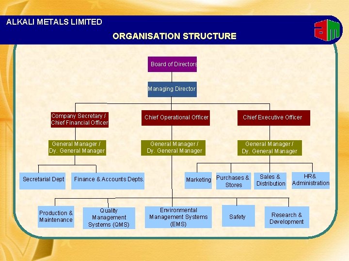 ALKALI METALS LIMITED ORGANISATION STRUCTURE Board of Directors Managing Director Company Secretary / Chief
