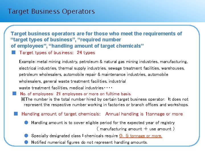 届出要件 Target Business Operators Target business operators are for those who meet the requirements