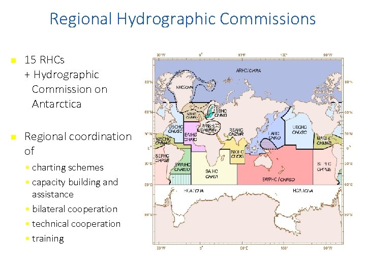 Regional Hydrographic Commissions n n 15 RHCs + Hydrographic Commission on Antarctica Regional coordination