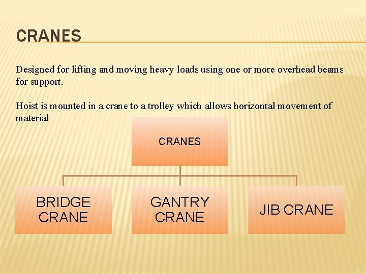 CRANES Designed for lifting and moving heavy loads using one or more overhead beams
