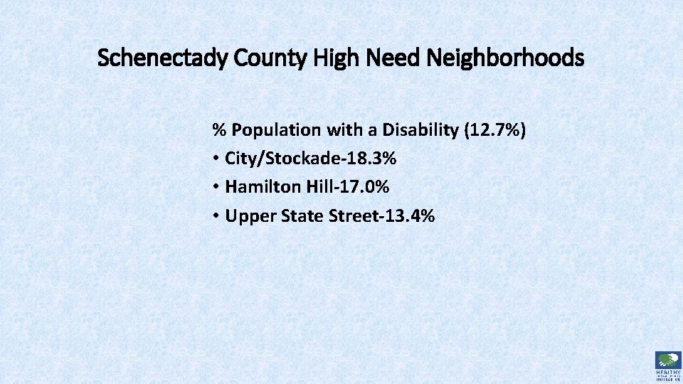 Schenectady County High Need Neighborhoods % Population with a Disability (12. 7%) • City/Stockade-18.