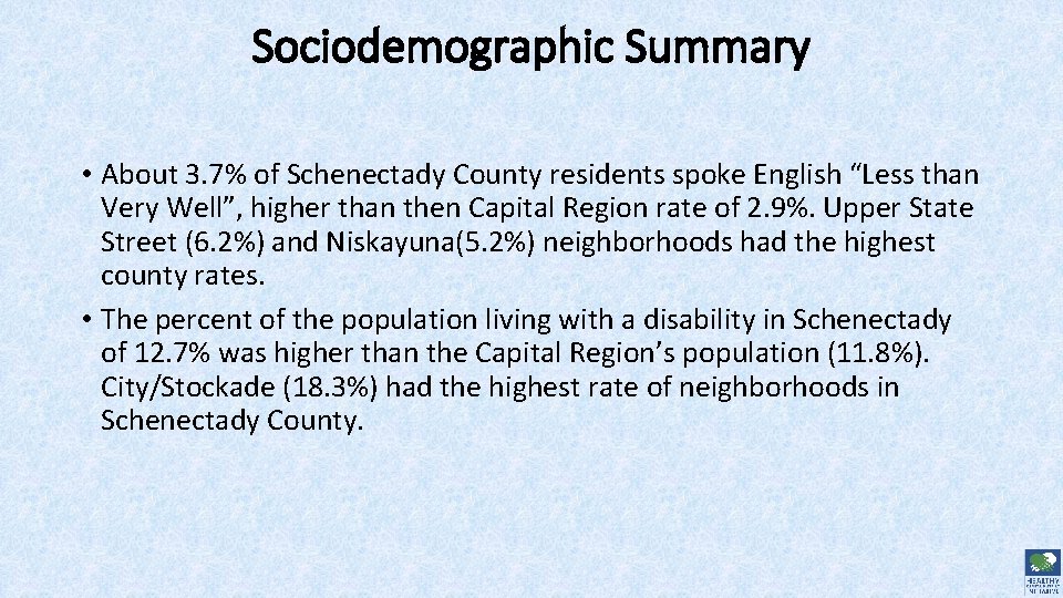 Sociodemographic Summary • About 3. 7% of Schenectady County residents spoke English “Less than