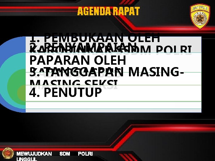 AGENDA RAPAT 1. PEMBUKAAN OLEH 2. PENYAMPAIAN KAROBINKAR SSDM POLRI PAPARAN OLEH 3. TANGGAPAN