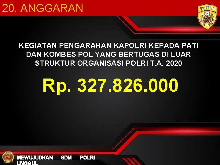 20. ANGGARAN KEGIATAN PENGARAHAN KAPOLRI KEPADA PATI DAN KOMBES POL YANG BERTUGAS DI LUAR