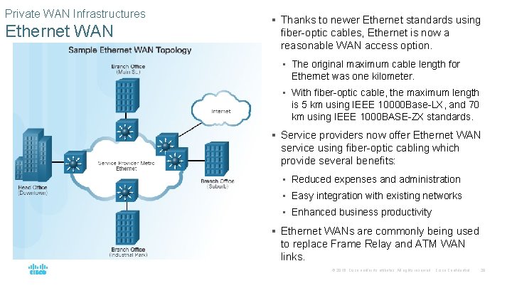 Private WAN Infrastructures Ethernet WAN § Thanks to newer Ethernet standards using fiber-optic cables,