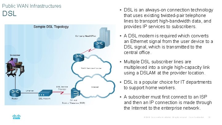 Public WAN Infrastructures DSL § DSL is an always-on connection technology that uses existing