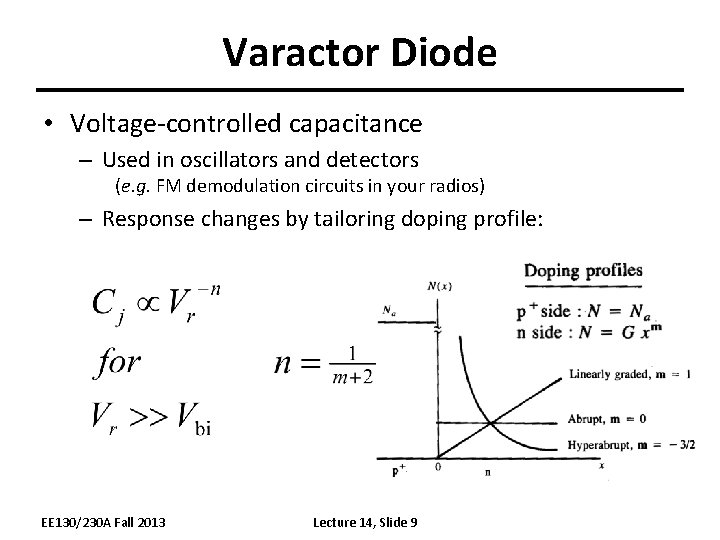 Varactor Diode • Voltage-controlled capacitance – Used in oscillators and detectors (e. g. FM