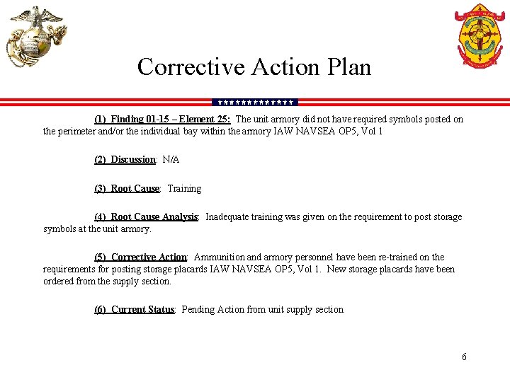 Corrective Action Plan (1) Finding 01 -15 – Element 25: The unit armory did