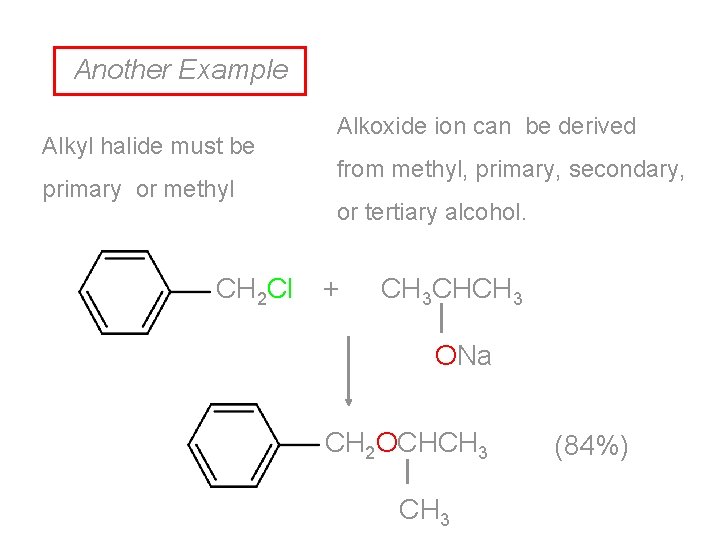 Another Example Alkyl halide must be primary or methyl CH 2 Cl Alkoxide ion