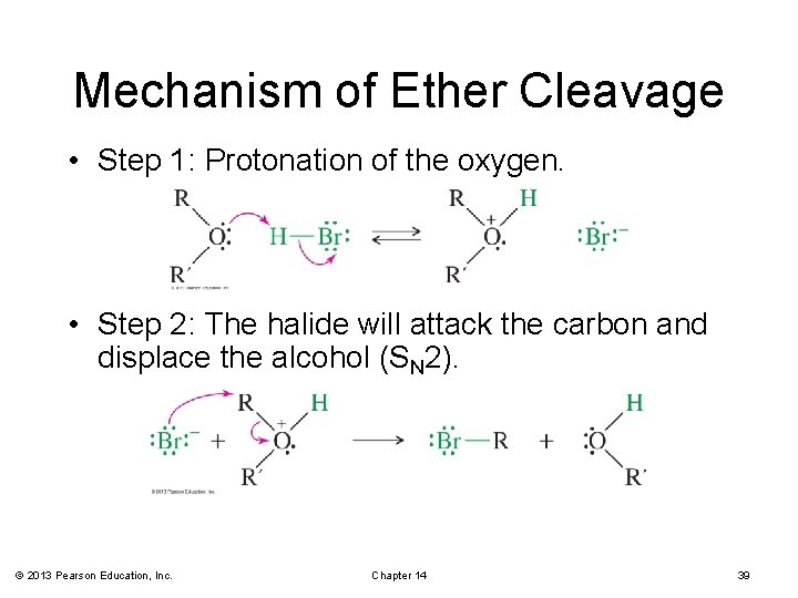 Mechanism of Ether Cleavage • Step 1: Protonation of the oxygen. • Step 2: