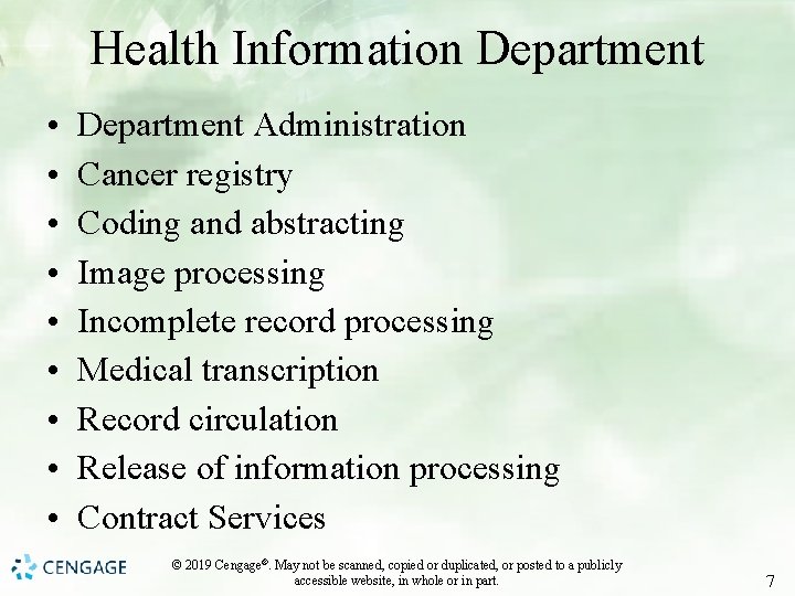 Health Information Department • • • Department Administration Cancer registry Coding and abstracting Image