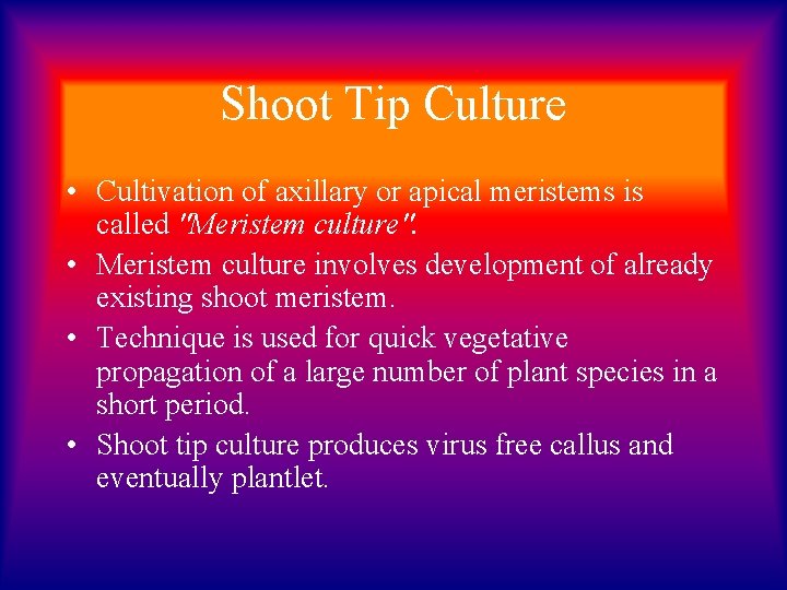 Shoot Tip Culture • Cultivation of axillary or apical meristems is called "Meristem culture".