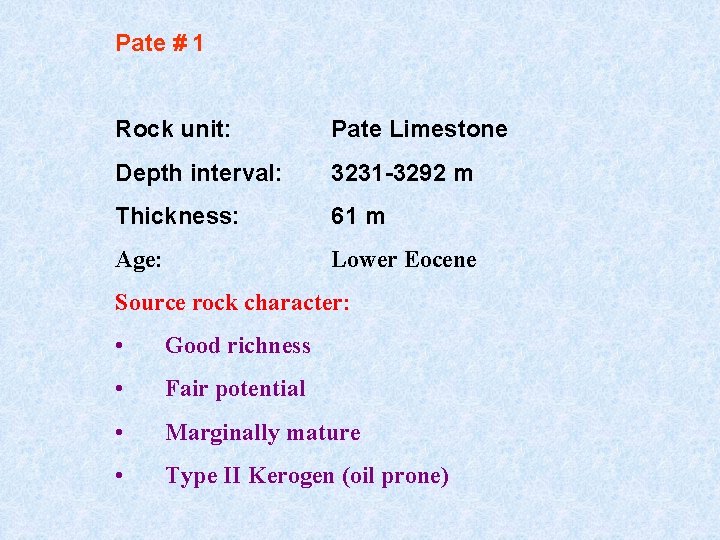 Pate # 1 Rock unit: Pate Limestone Depth interval: 3231 -3292 m Thickness: 61