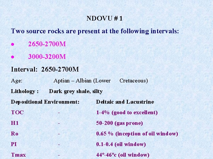 NDOVU # 1 Two source rocks are present at the following intervals: · 2650