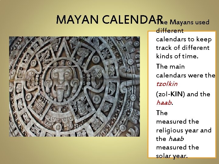 MAYAN CALENDAR The Mayans used different calendars to keep track of different kinds of