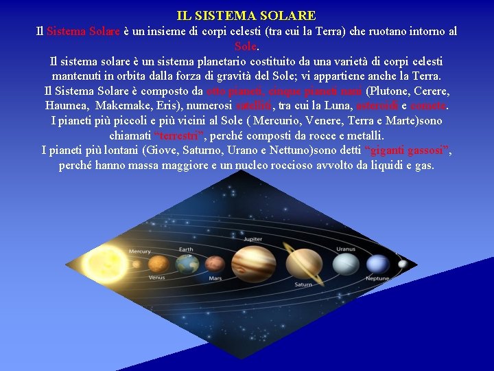 IL SISTEMA SOLARE Il Sistema Solare è un insieme di corpi celesti (tra cui