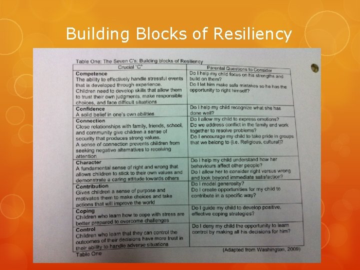 Building Blocks of Resiliency 