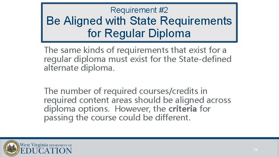 Requirement #2 Be Aligned with State Requirements for Regular Diploma The same kinds of Requirement #2 Be Aligned with State Requirements for Regular Diploma The same kinds of