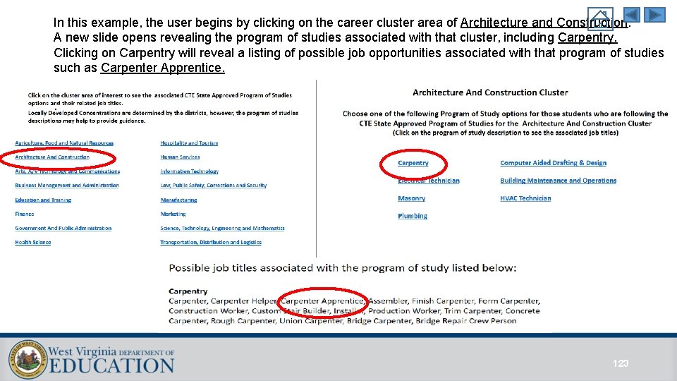 In this example, the user begins by clicking on the career cluster area of In this example, the user begins by clicking on the career cluster area of