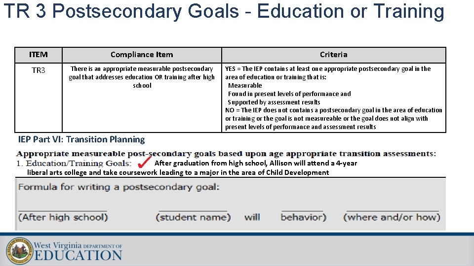 TR 3 Goals - Education or Training TR 3 Postsecondary Education or Training ITEM TR 3 Goals - Education or Training TR 3 Postsecondary Education or Training ITEM