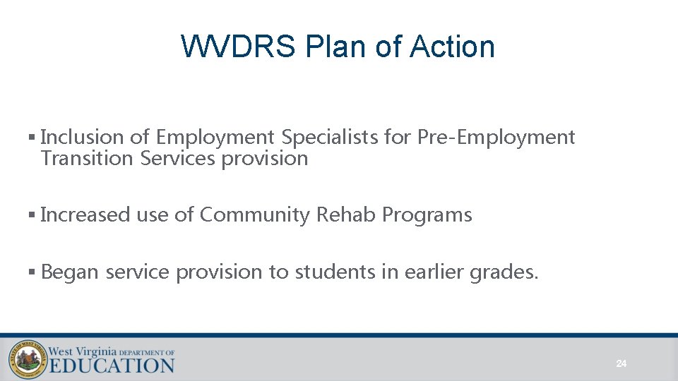 WVDRS Plan of Action § Inclusion of Employment Specialists for Pre-Employment Transition Services provision WVDRS Plan of Action § Inclusion of Employment Specialists for Pre-Employment Transition Services provision