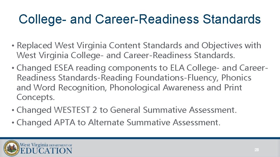 College- and Career-Readiness Standards • Replaced West Virginia Content Standards and Objectives with West College- and Career-Readiness Standards • Replaced West Virginia Content Standards and Objectives with West
