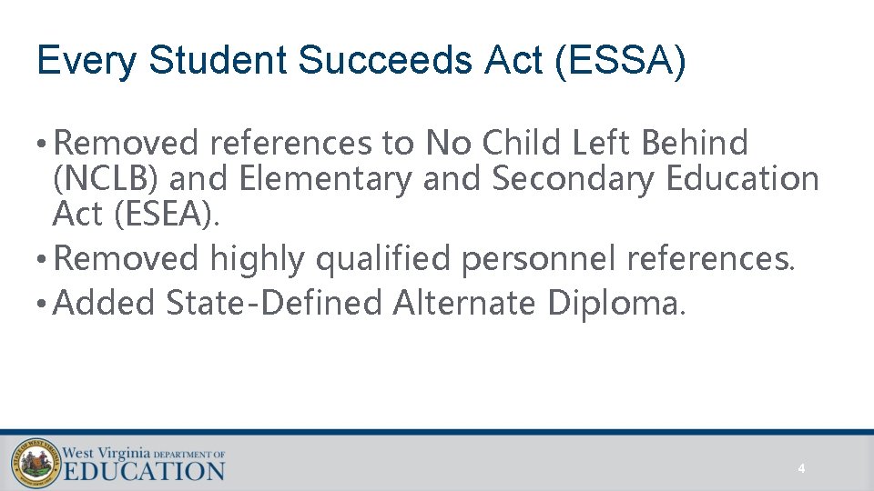 Every Student Succeeds Act (ESSA) • Removed references to No Child Left Behind (NCLB) Every Student Succeeds Act (ESSA) • Removed references to No Child Left Behind (NCLB)