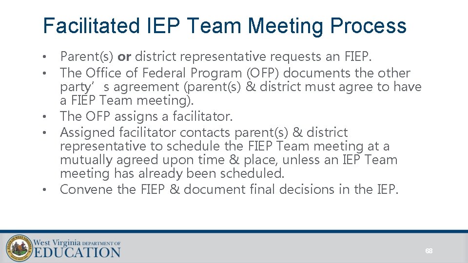 Facilitated IEP Team Meeting Process • • • Parent(s) or district representative requests an Facilitated IEP Team Meeting Process • • • Parent(s) or district representative requests an