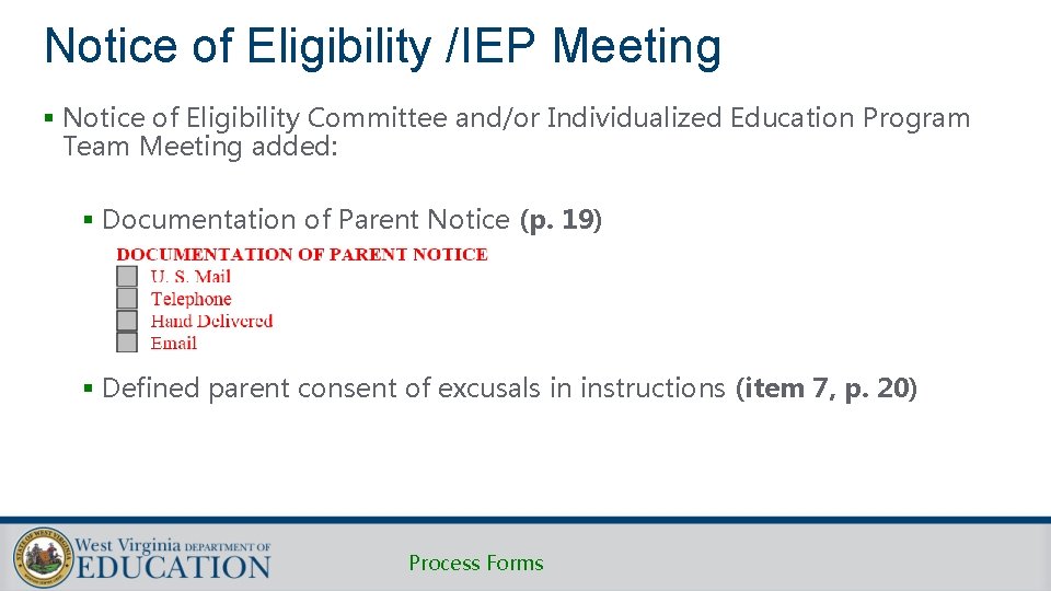 Notice of Eligibility /IEP Meeting § Notice of Eligibility Committee and/or Individualized Education Program Notice of Eligibility /IEP Meeting § Notice of Eligibility Committee and/or Individualized Education Program
