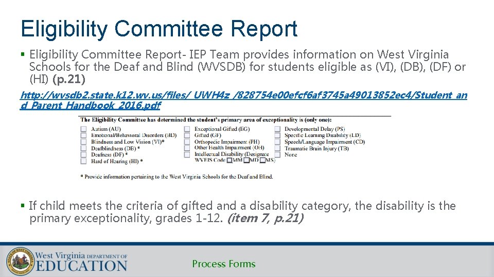 Eligibility Committee Report § Eligibility Committee Report- IEP Team provides information on West Virginia Eligibility Committee Report § Eligibility Committee Report- IEP Team provides information on West Virginia
