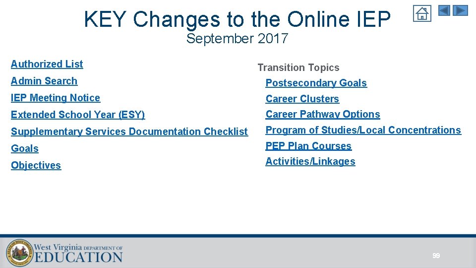 KEY Changes to the Online IEP September 2017 Authorized List Transition Topics Admin Search KEY Changes to the Online IEP September 2017 Authorized List Transition Topics Admin Search