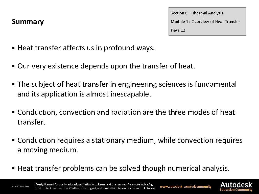 Section 6 – Thermal Analysis Summary Module 1: Overview of Heat Transfer Page 12